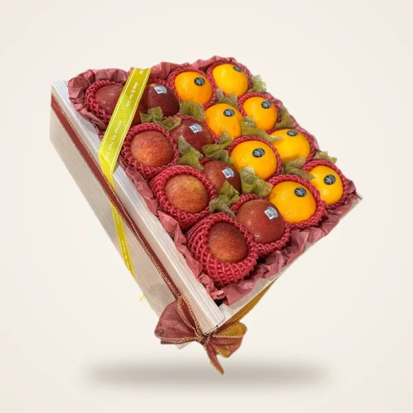 Apple & Orange Tray with Yellow Ribbon - red apples and oranges in a tray with a yellow ribbon