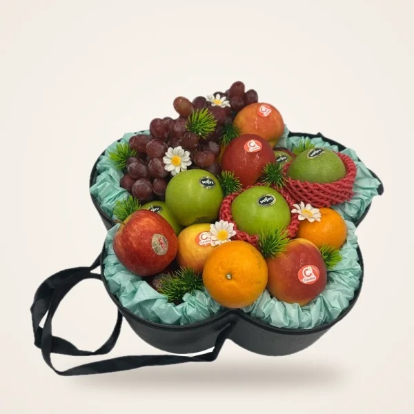 Clover Black Box Apple & Grape Fruit Basket - apples, grapes and oranges in a clover-shaped black box with mint tissue