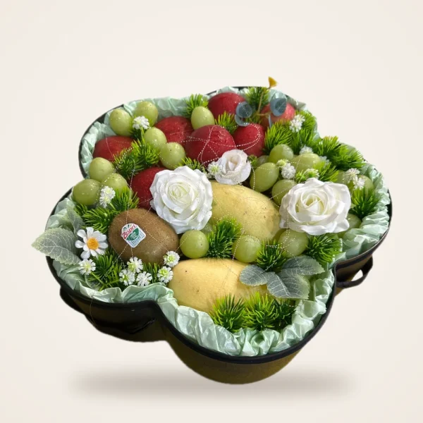Clover Box Pear & Rose Fruit Basket - pears, kiwi, grapes and white roses in a clover-shaped box