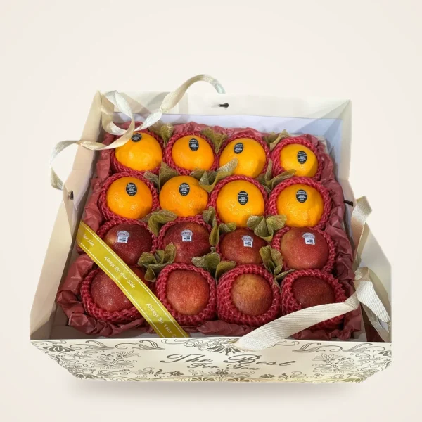 Gift Bag Apple & Orange Fruit Tray - apples and oranges in a tray with a gift bag