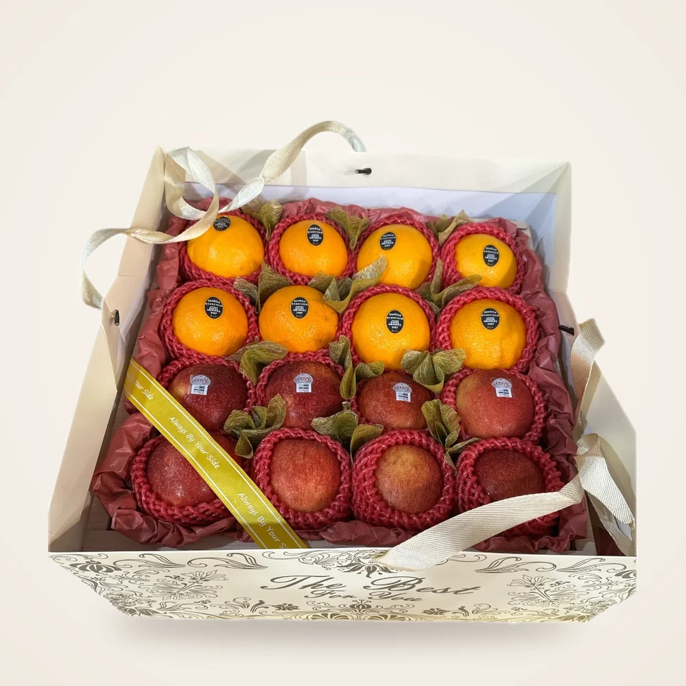 Gift Bag Apple & Orange Fruit Tray - apples and oranges in a tray with a gift bag