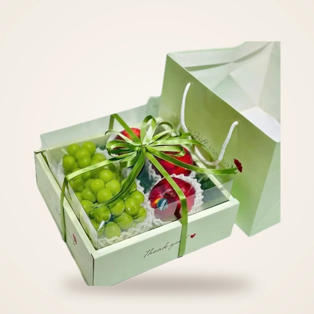 Green Grape & Apple Mint Gift Box - green grapes and red apple in a mint gift box with a green ribbon and gift bag