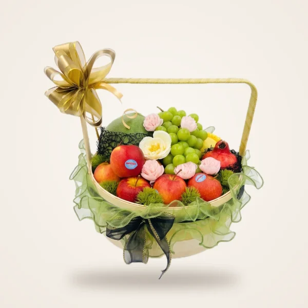 Lantern Festival Fruit Hamper - apples, melon, green grapes, roses and a gold bow in a handle hamper