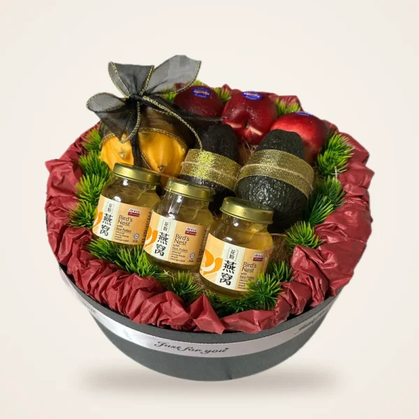 Maroon Hatbox Bird's Nest & Fruit Basket - bird's nest jars and avocados in a round hatbox with maroon ruffle