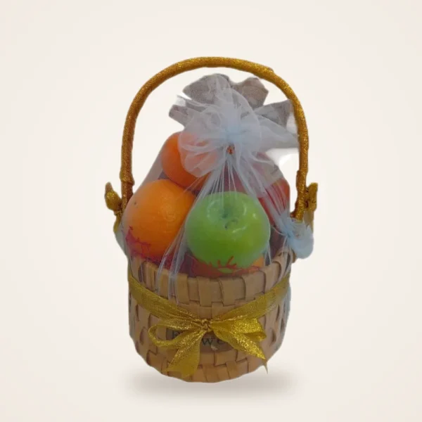 Mini Orange & Apple Gift Bag Basket - orange and green apple in a small woven basket with a gift bag and gold ribbon