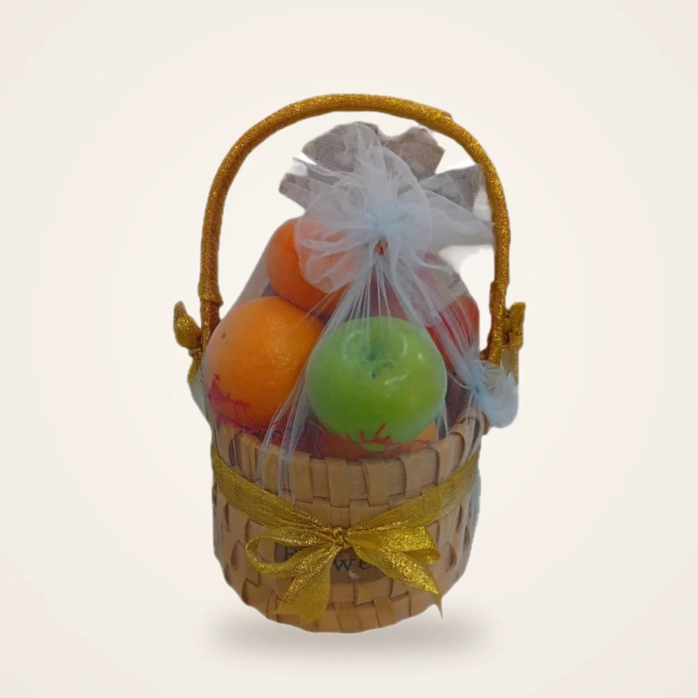 Mini Orange & Apple Gift Bag Basket - orange and green apple in a small woven basket with a gift bag and gold ribbon (view 2)