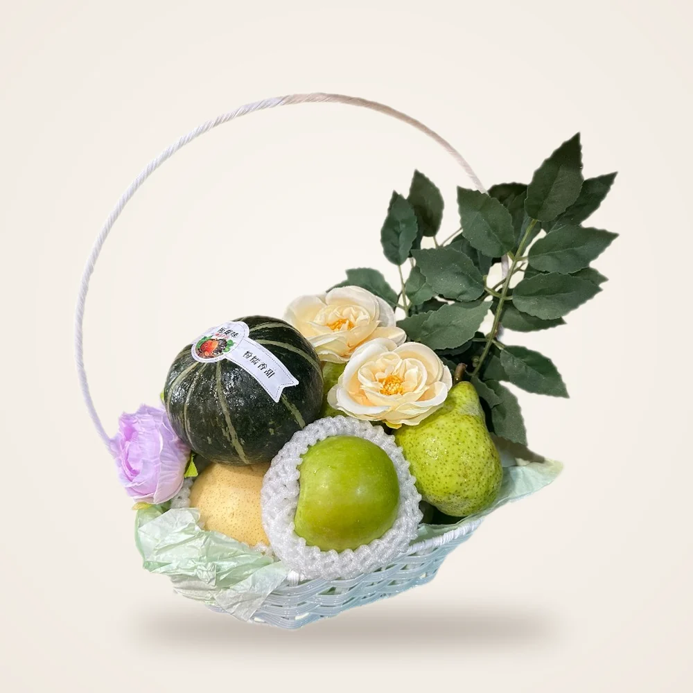 Moonlit Garden Fruit Basket - pumpkin, apple, pears and roses in a white hoop-handle basket