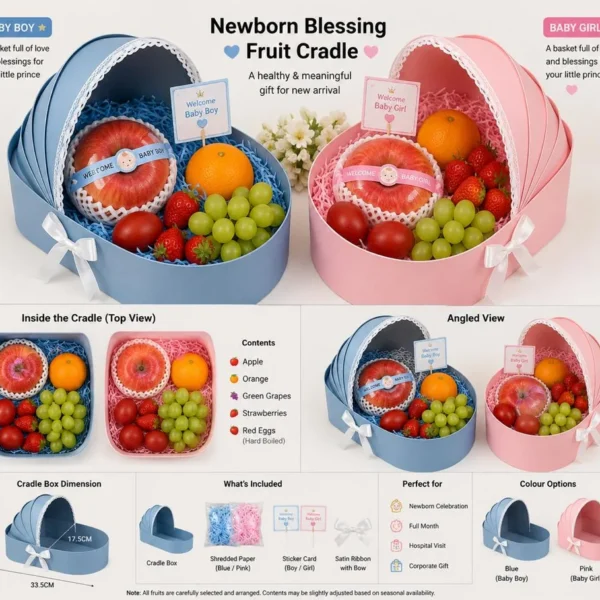 Newborn Blessing Fruit Cradle - fruit in blue (baby boy) and pink (baby girl) cradle boxes for a new arrival