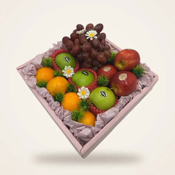 Pink Tray Apple, Grape & Orange Gift Box - apples, grapes and oranges in a pink tray