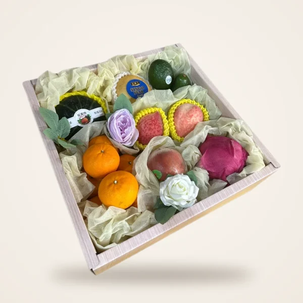 Pink Wooden Box Rose Fruit Gift Set - oranges, dragon fruit, avocado, pumpkin and roses in a pink wooden box