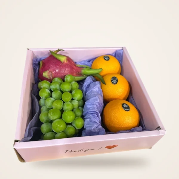 Thank You Pink Box Fruit Gift Set - dragon fruit, green grapes and oranges in a pink 'Thank you' box
