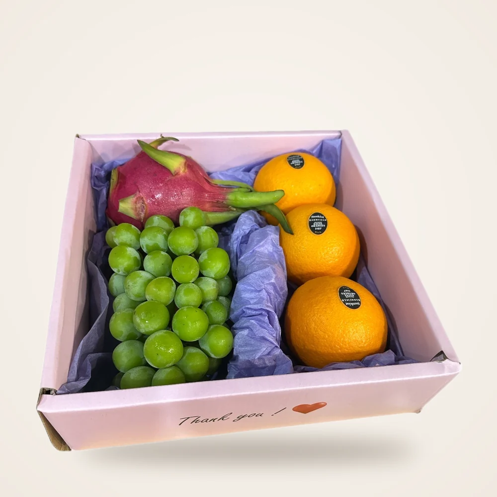 Thank You Pink Box Fruit Gift Set - dragon fruit, green grapes and oranges in a pink 'Thank you' box